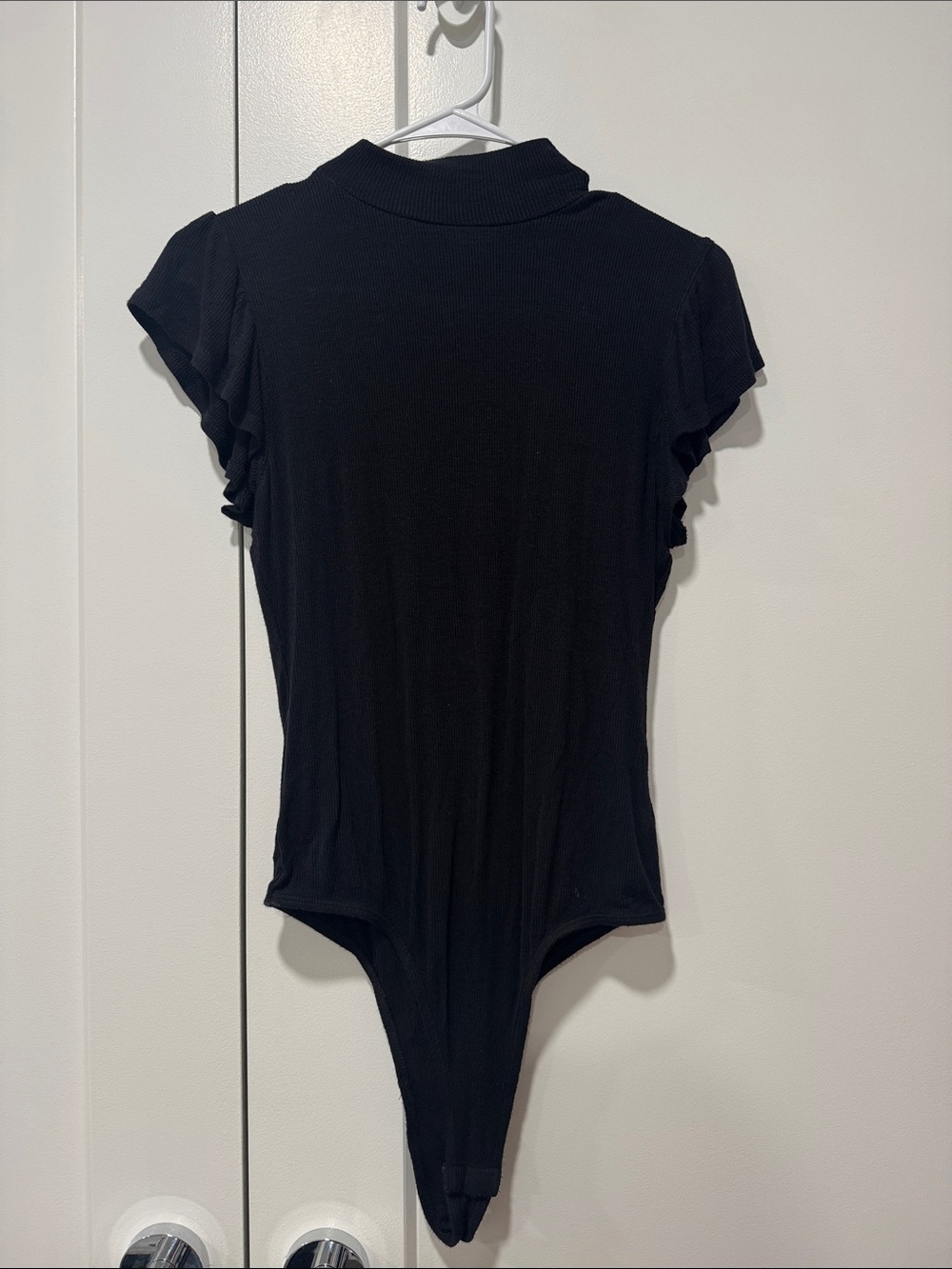 Black Ribbed Short-Sleeve Bodysuit with Flutter Sleeves